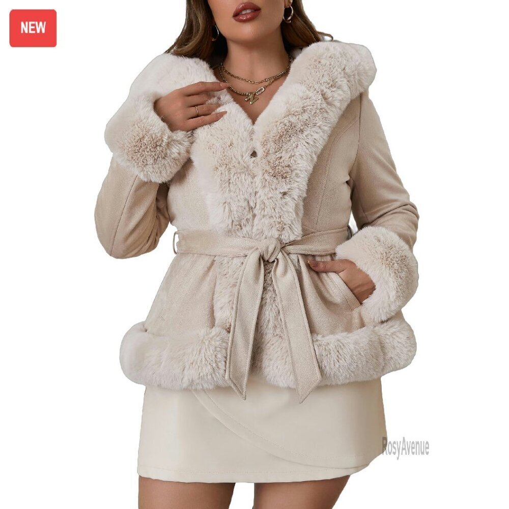 Plus Size Faux Suede Leather Jacket Fleece Lined Hooded Winter Coat